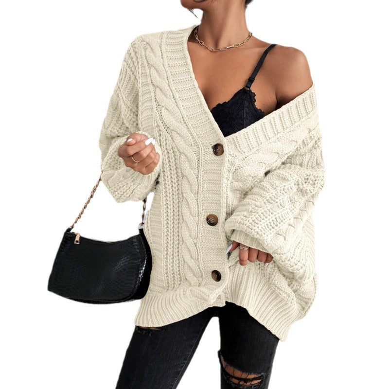 V-neck Sweater Women's Retro Fashion Loose Twist Knitted Coat