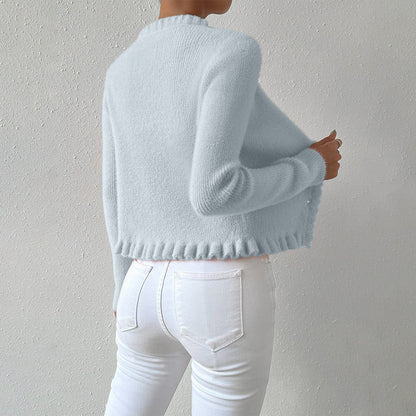 Knitted Cardigan Gentle Temperament Wooden Ear Pearl Buckle Sweater For Women