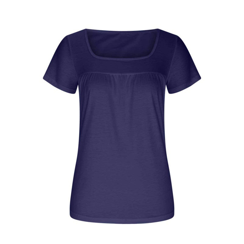 Women's Square Collar Pleated Solid Color Short-sleeved T-shirt
