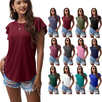 Women's Round Neck Ruffled Short Sleeve T-shirt
