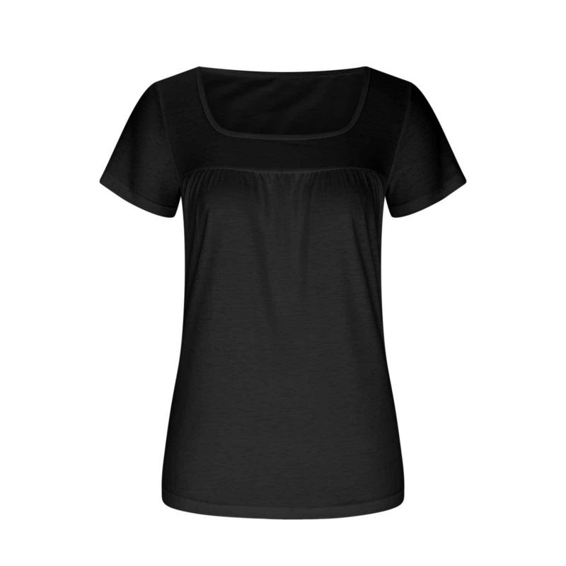 Women's Square Collar Pleated Solid Color Short-sleeved T-shirt