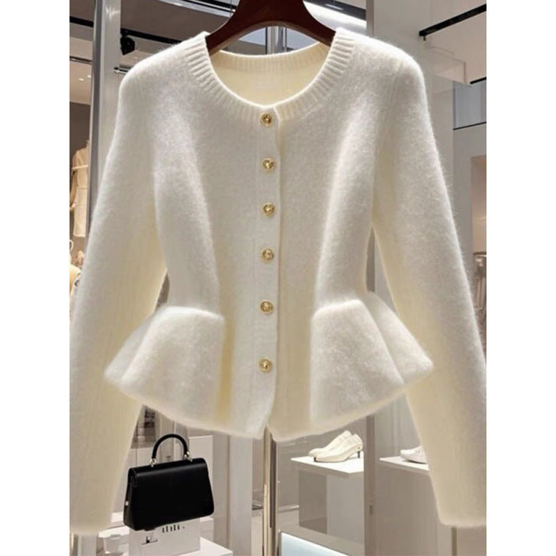 High-grade White Sweater Cardigan Waist-tight