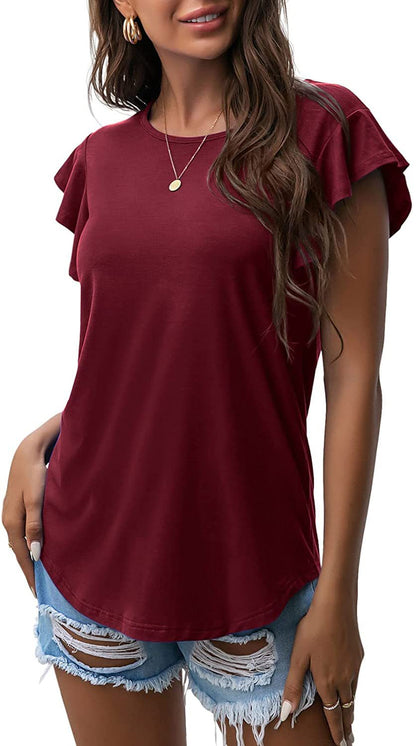 Women's Round Neck Ruffled Short Sleeve T-shirt