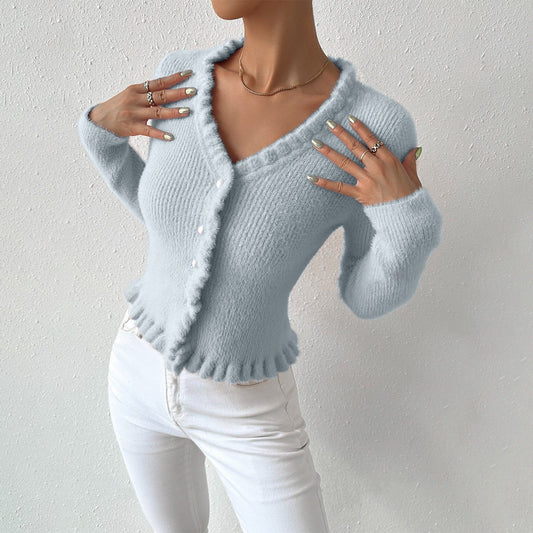 Knitted Cardigan Gentle Temperament Wooden Ear Pearl Buckle Sweater For Women