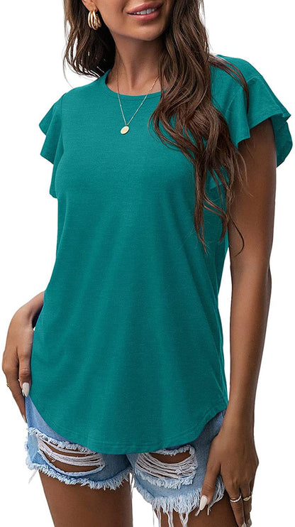 Women's Round Neck Ruffled Short Sleeve T-shirt