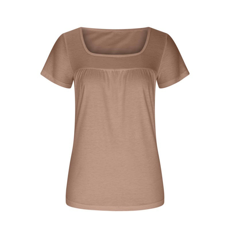 Women's Square Collar Pleated Solid Color Short-sleeved T-shirt