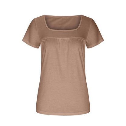 Women's Square Collar Pleated Solid Color Short-sleeved T-shirt
