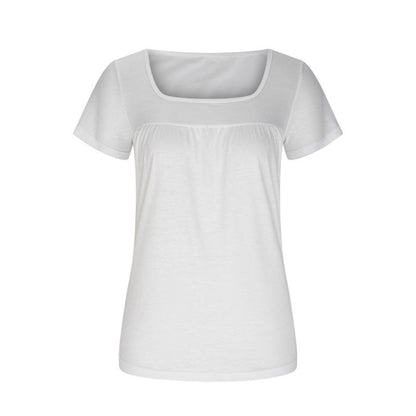 Women's Square Collar Pleated Solid Color Short-sleeved T-shirt