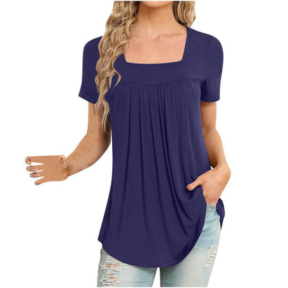 Women's Square Collar Pleated Solid Color Short-sleeved T-shirt