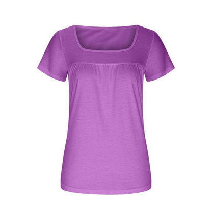 Women's Square Collar Pleated Solid Color Short-sleeved T-shirt