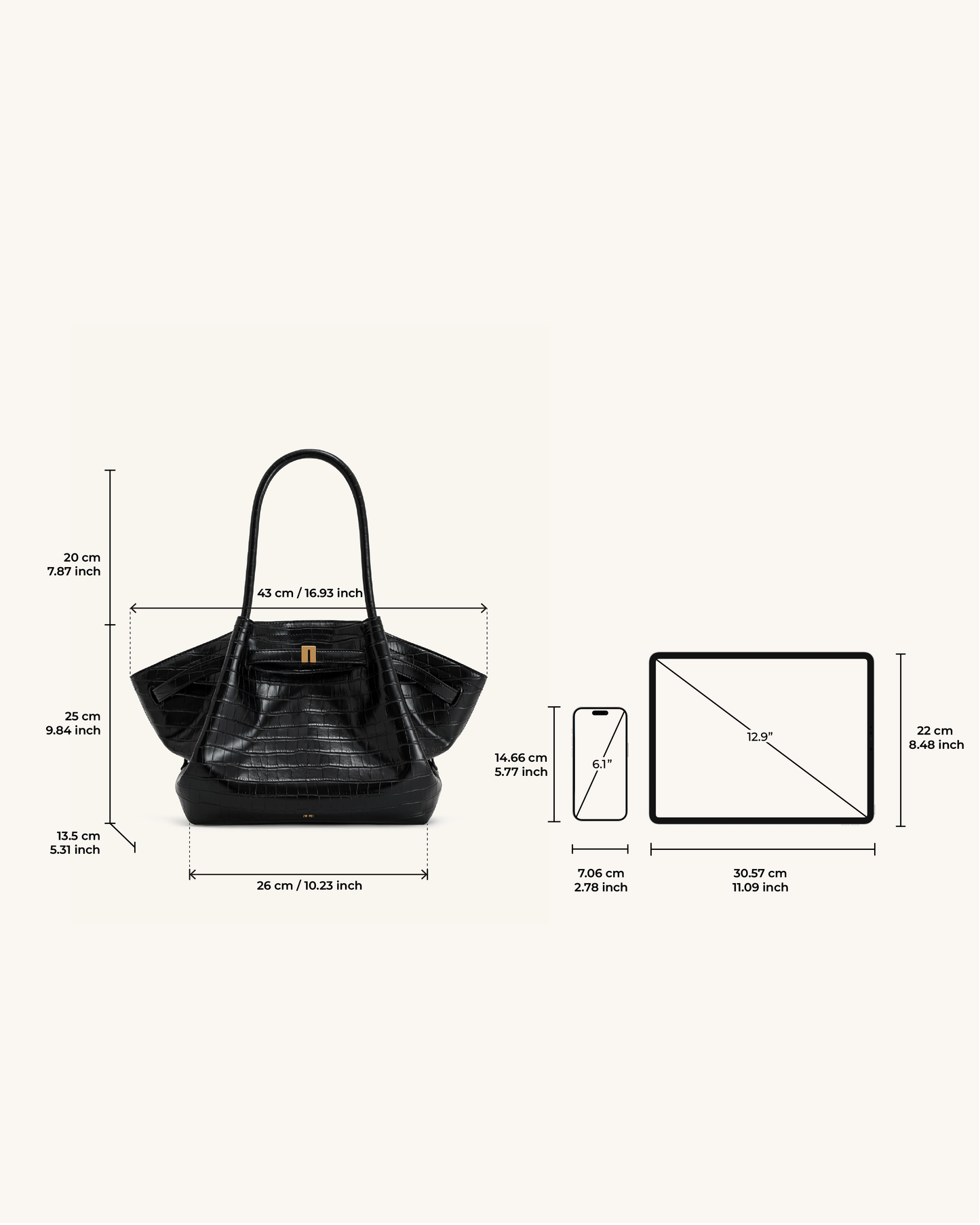 Bolso tote mediano Hana - Cocodrilo negro