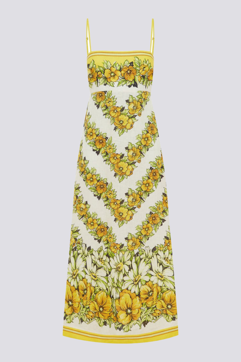 Vestido largo amarillo con estampado floral de espagueti de Tristane