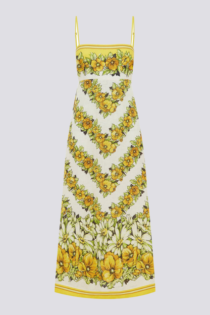 Vestido largo amarillo con estampado floral de espagueti de Tristane