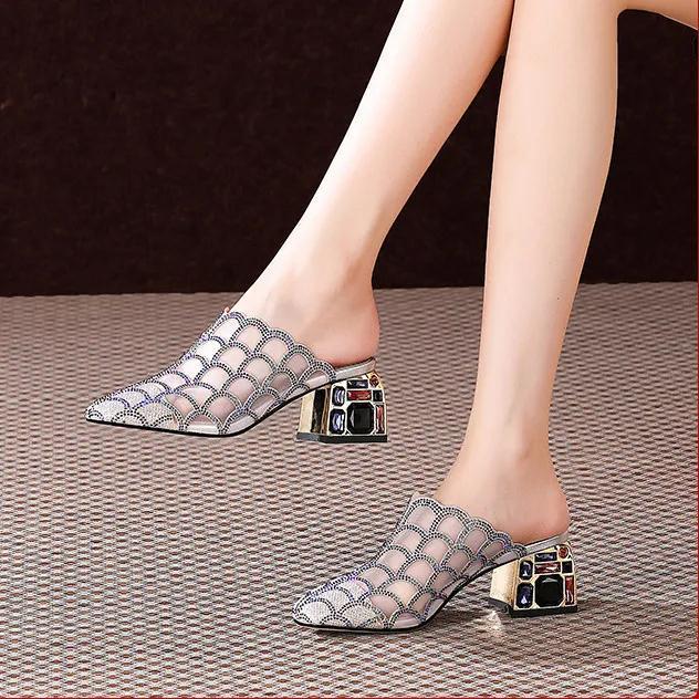 Thick Heel Baotou Sandals And Slippers Women New Mesh Hollow