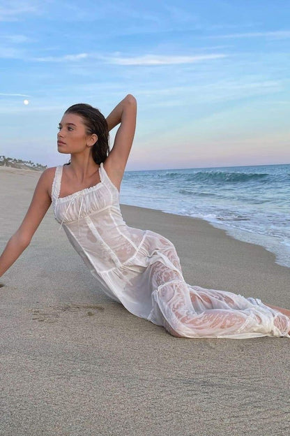 Vestido largo semitransparente con volantes Anastasia