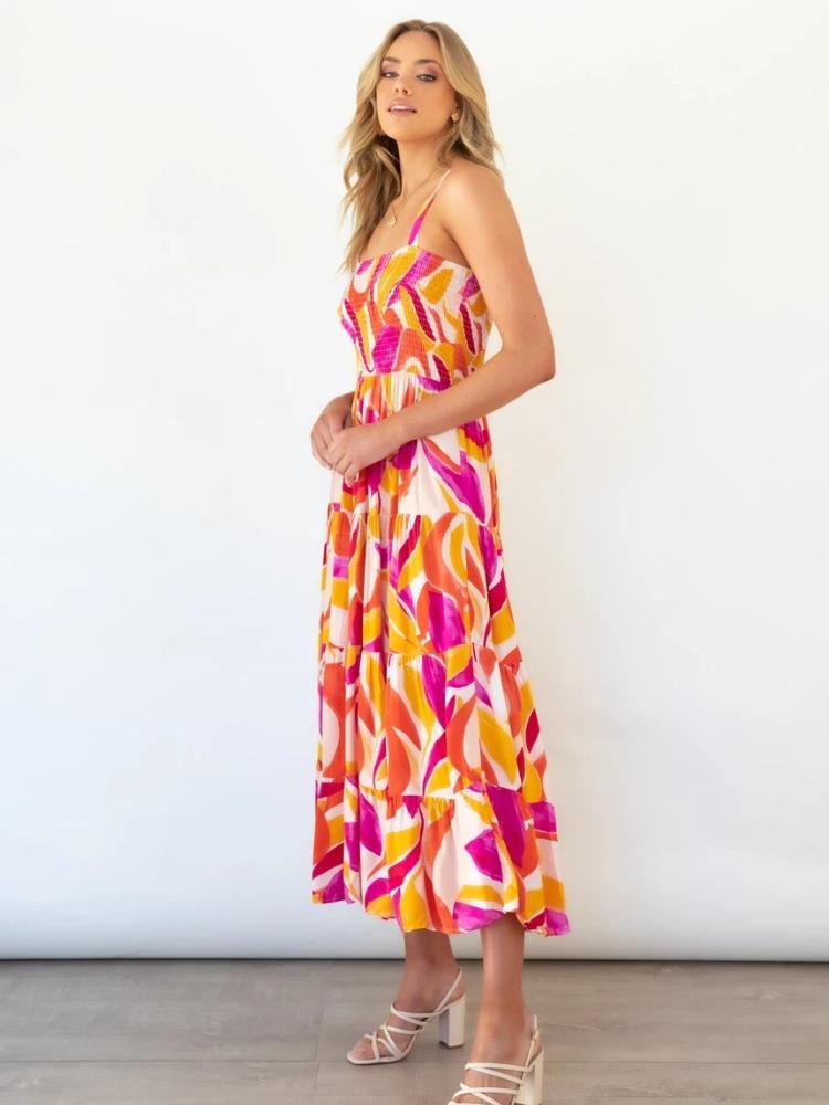 Andrea – Maxi-Sommerkleid mit gerafftem Oberteil und gestuftem Print