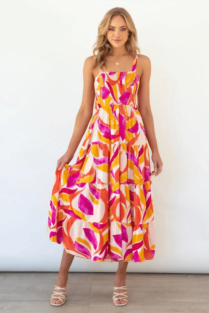 Andrea – Maxi-Sommerkleid mit gerafftem Oberteil und gestuftem Print