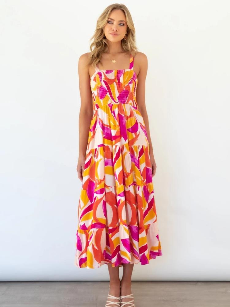 Andrea – Maxi-Sommerkleid mit gerafftem Oberteil und gestuftem Print