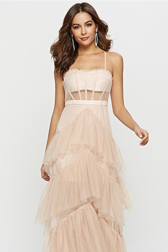 Arlene – Korsett-Maxikleid aus Mesh mit Lederbesatz