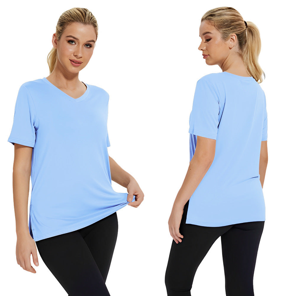 Top holgado de manga corta con abertura en color liso para mujer, novedad de verano