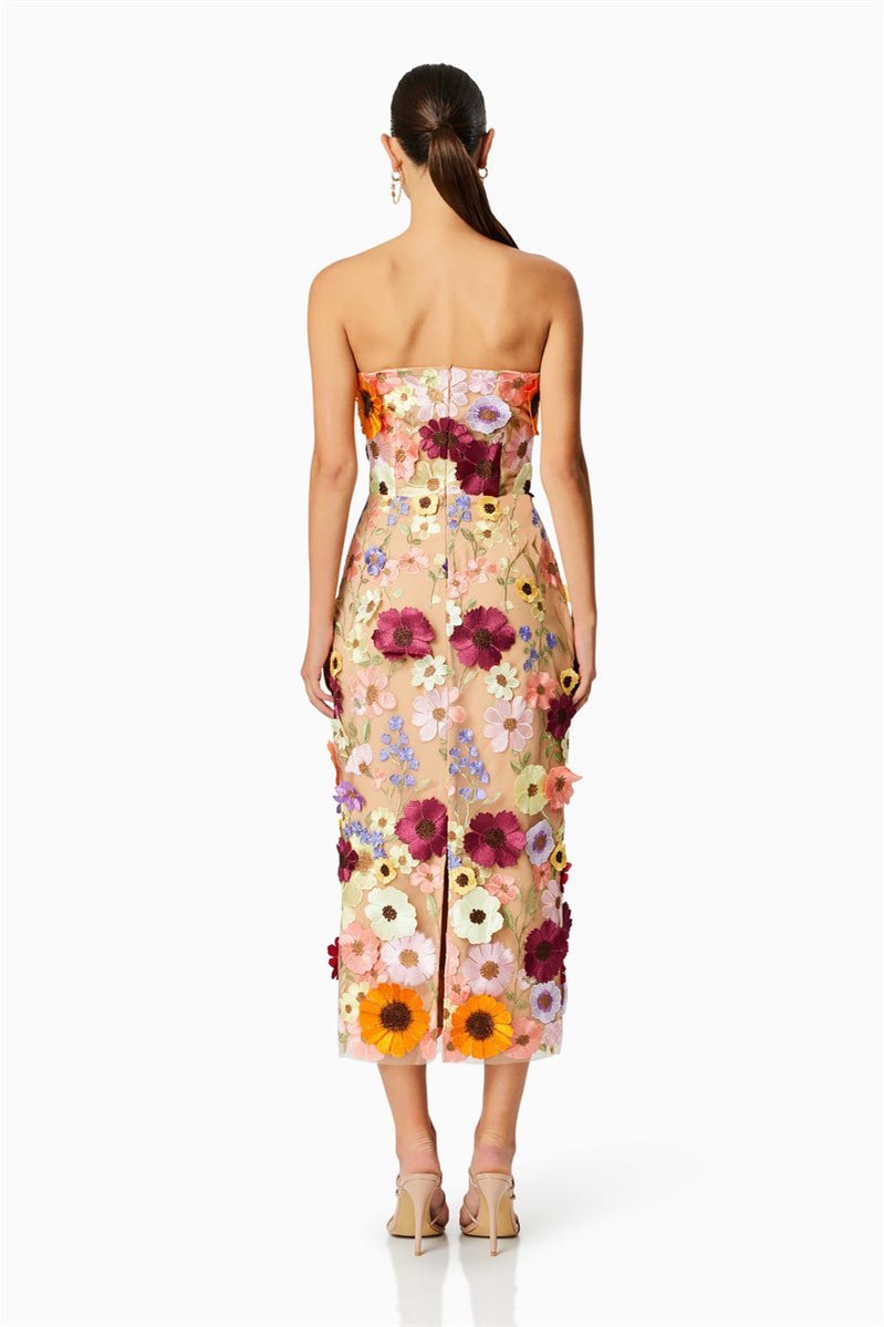 Vestido midi sin tirantes con bordado floral Belle