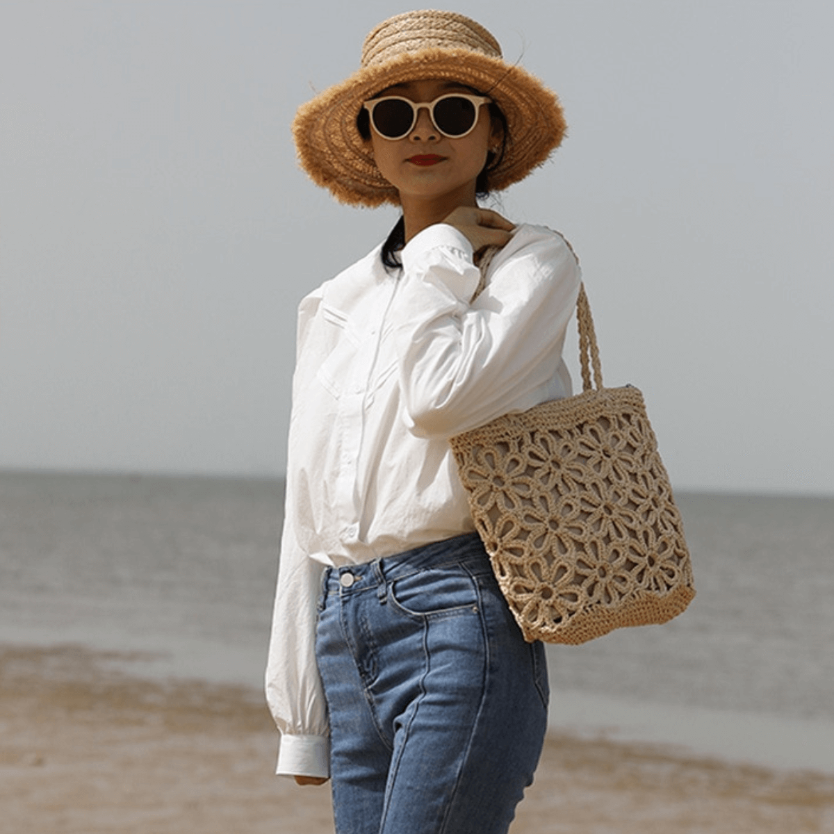 Flower Straw Beach Bag