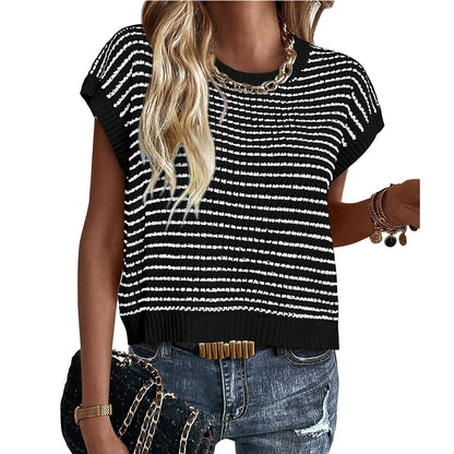 New Round Neck Knitted Top Casual Striped Contrast Color Sweater