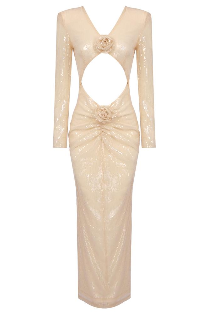 Vestido midi con lentejuelas y flores de Cathy