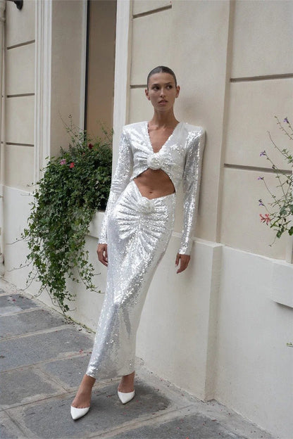 Vestido midi con lentejuelas y flores de Cathy