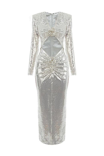 Vestido midi con lentejuelas y flores de Cathy