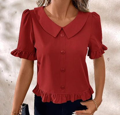 Short-sleeved Casual Shirt Red Round-neck Ruffles