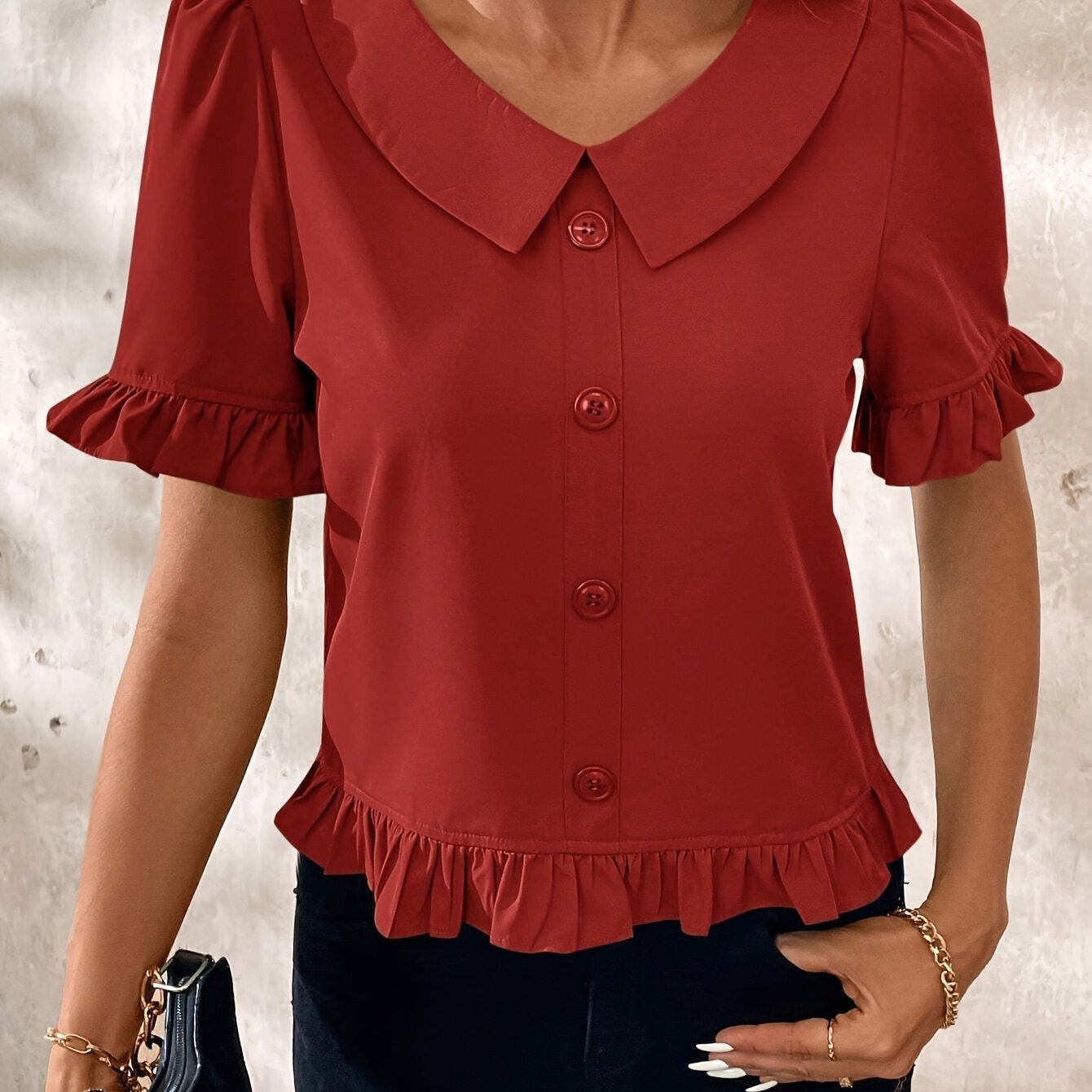 Short-sleeved Casual Shirt Red Round-neck Ruffles