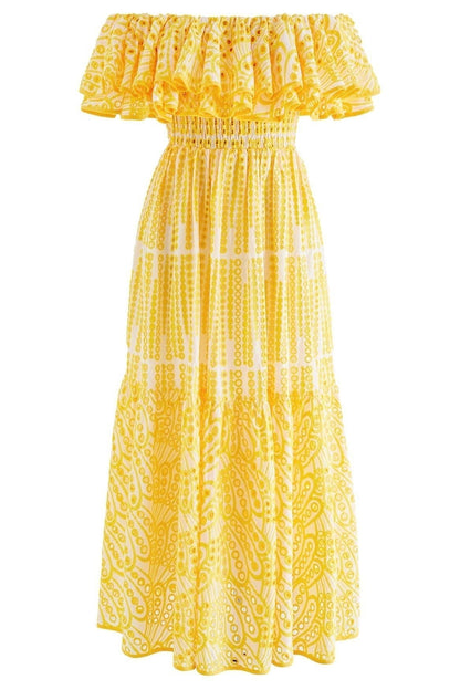 Schulterfreies, ausgestelltes Midikleid „Dolly“ aus bestickter Spitze