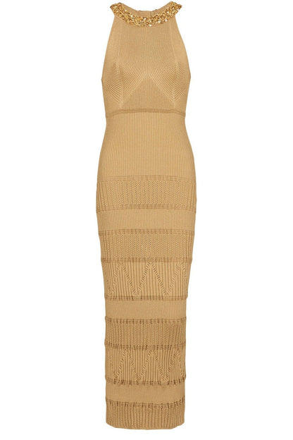 Vestido midi de punto con cuello alto bordado de Donna