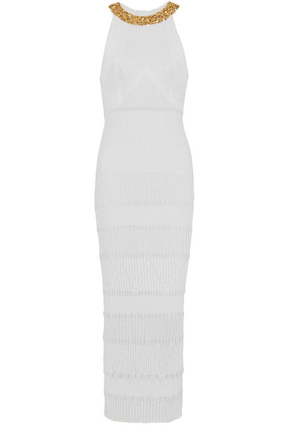 Vestido midi de punto con cuello alto bordado de Donna