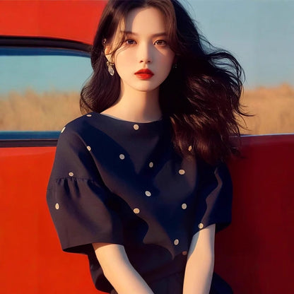 Black Dark Blue Polka Dot Short Sleeve T-shirt