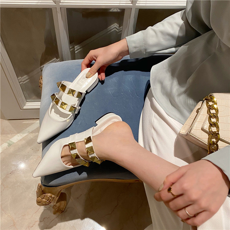 Sandalias y pantuflas Baotou de tacón medio y grueso con diseño de media caña para mujer