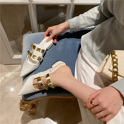 Sandalias y pantuflas Baotou de tacón medio y grueso con diseño de media caña para mujer