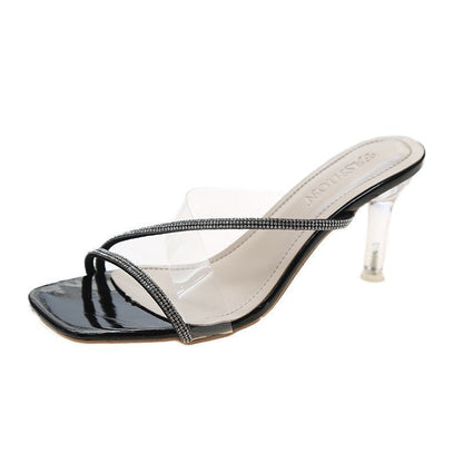 Women Wear Crystal Stiletto Sandals And Slippers