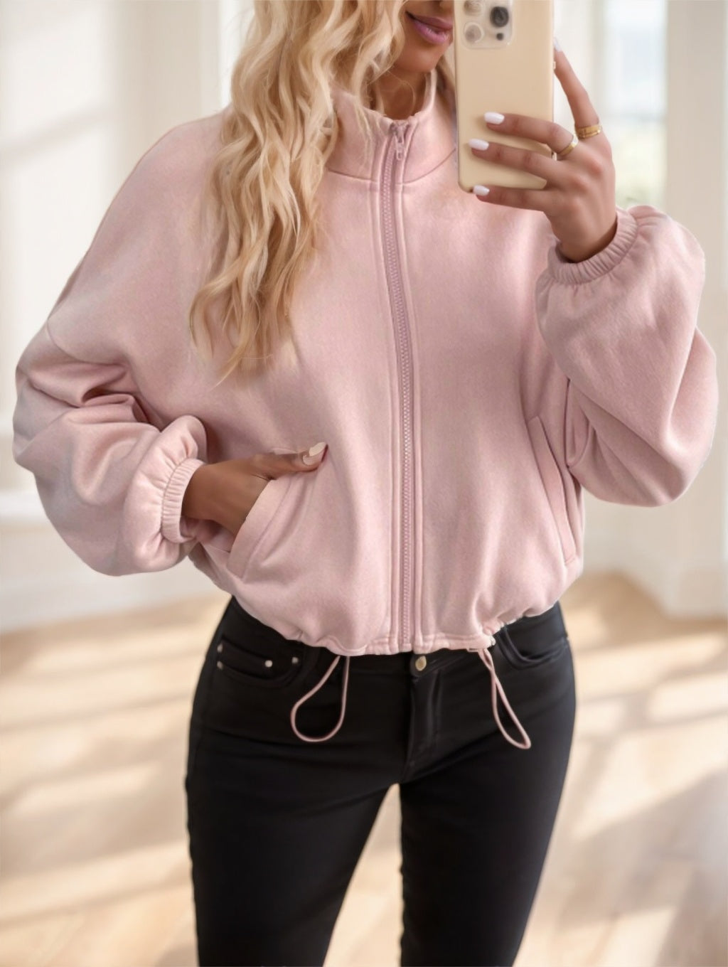 Chaqueta con capucha informal de manga larga con cordón y cremallera para mujer