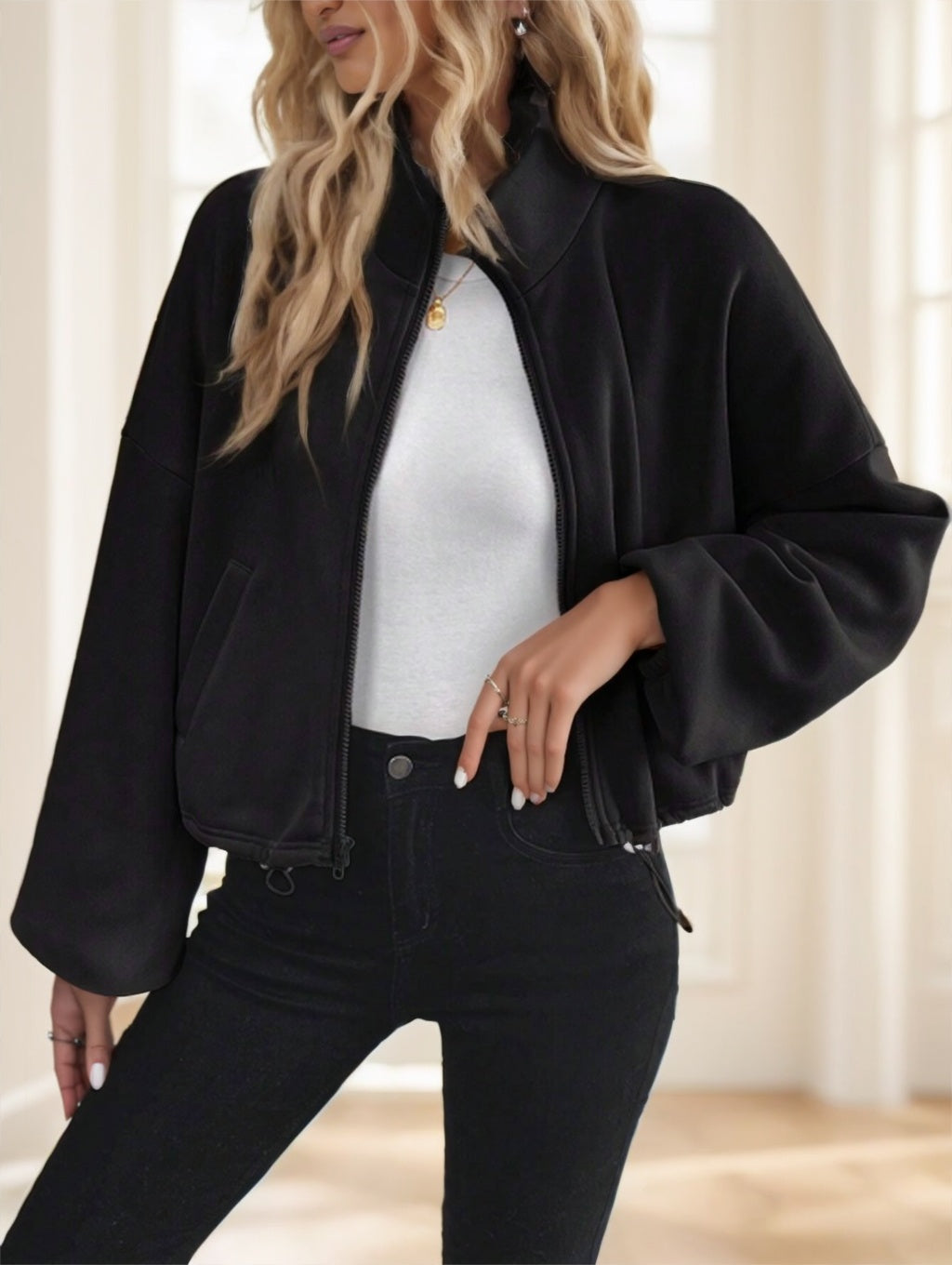 Chaqueta con capucha informal de manga larga con cordón y cremallera para mujer