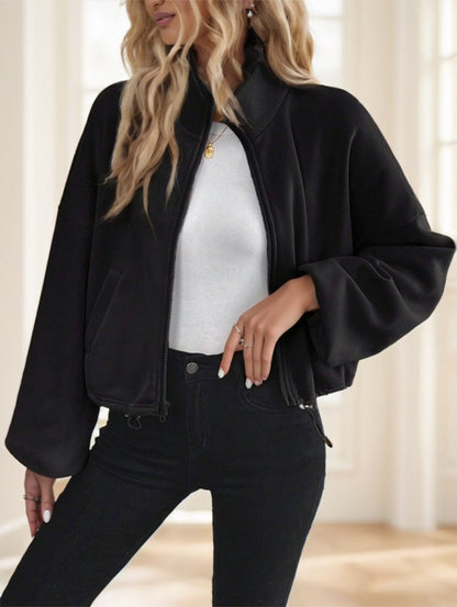 Chaqueta con capucha informal de manga larga con cordón y cremallera para mujer