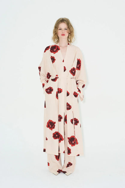 Kimonokleid mit Sahara-Print – Coquelicot