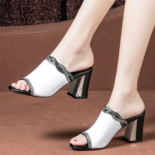 Fashion Half Slippers Women'S Outer Wear Thick Heel Mid-Heel Rhinestone Crystal Sandals Women Outdoor