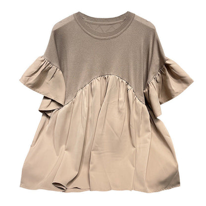 Top de punto de seda helada con costuras de gasa y mangas acampanadas extra grandes