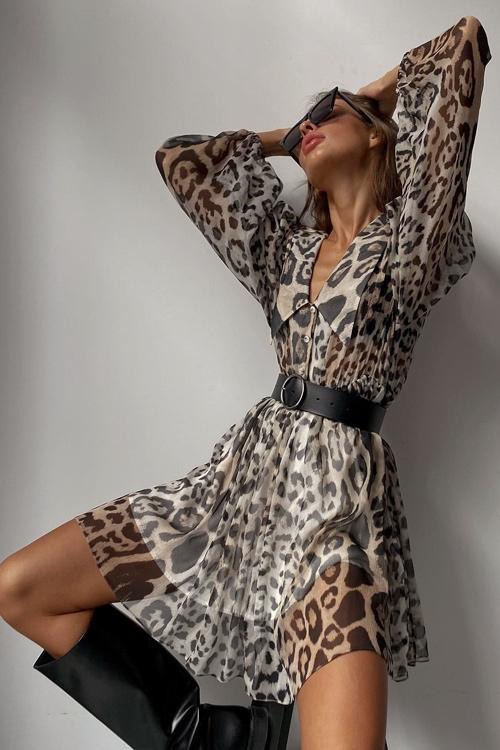 Gail – Bedrucktes Chiffon-Minikleid mit V-Ausschnitt und Gürtel