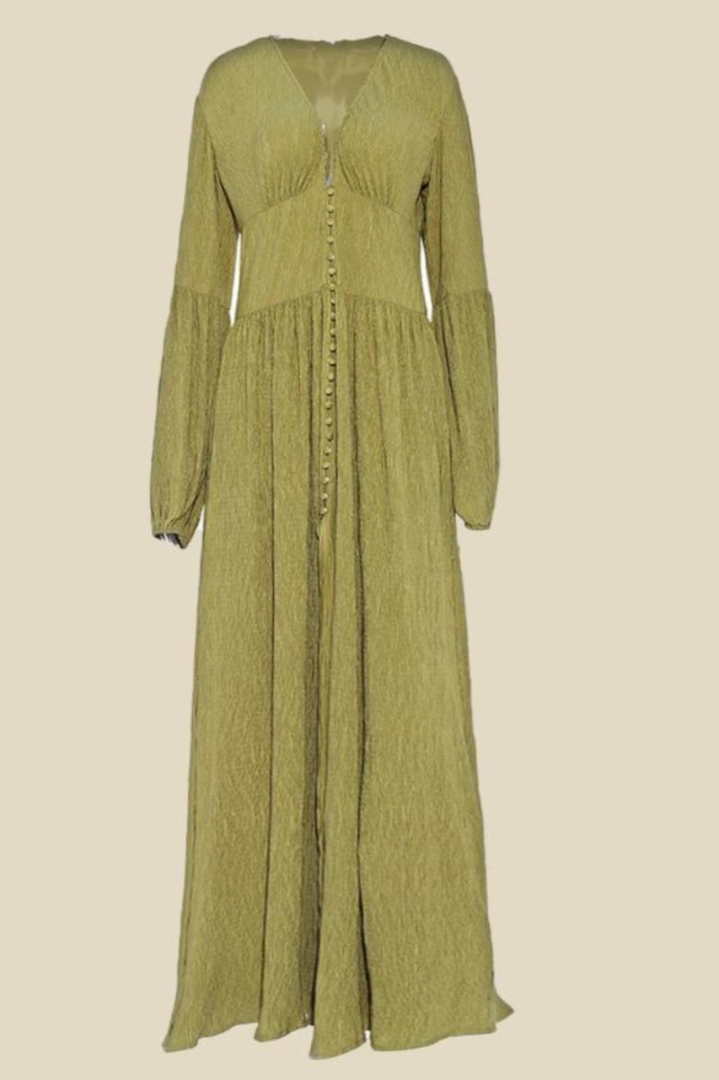Vestido largo de lechera plisado con cuello en V de Giselle