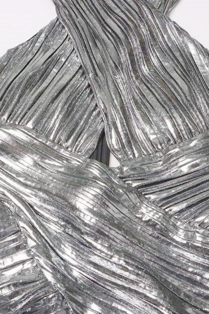 Vestido largo con cuello halter cruzado metálico Heloise