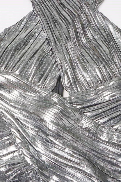 Vestido largo con cuello halter cruzado metálico Heloise