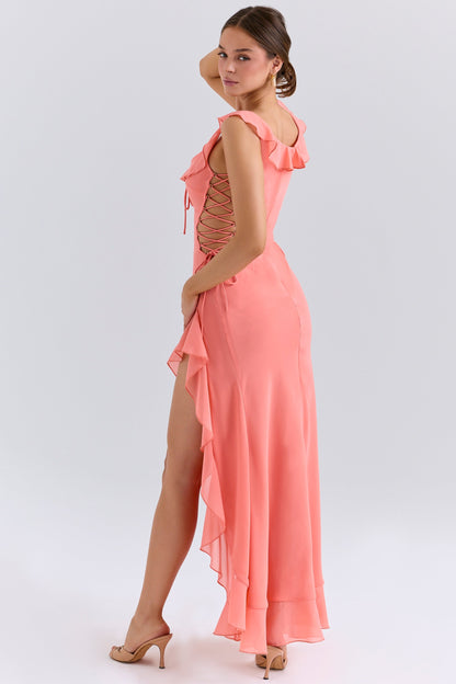 Coral Georgette Ruffle Maxi Dress